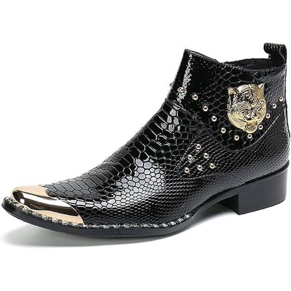 Santimon Mens US 6.5 Black Textured Leather Western Metal Tip Zipper Ankle Boots